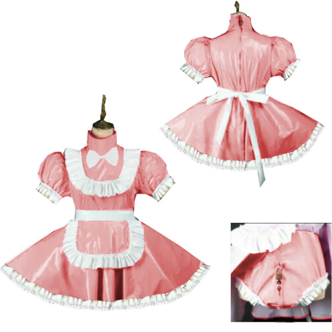 Sweet Short Puff Sleeve Maid Uniforms Wetlook Lockable Party Maid Dress Outfits Sissy Maid Cosplay Skirted Bodysuit with Apron