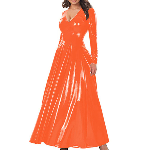 Elegant A-Line Cocktail Party Dress Women V-Neck Long Sleeve Shiny PVC Leather Maxi Dress Zipper Back Nightclub Gown Vestidos