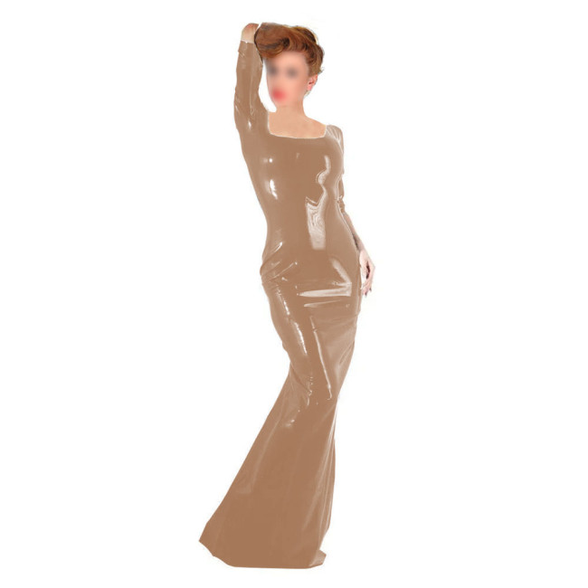 Women's Party Slim Long Dress Female Square Collar Shiny PVC Leather Bodycon Maxi Dress Wetlook Nightclub Half Sleeve Vestidos