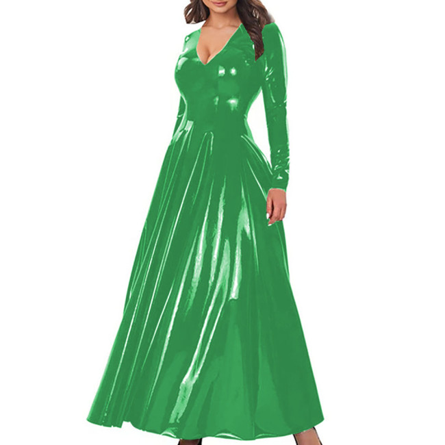 Elegant A-Line Cocktail Party Dress Women V-Neck Long Sleeve Shiny PVC Leather Maxi Dress Zipper Back Nightclub Gown Vestidos