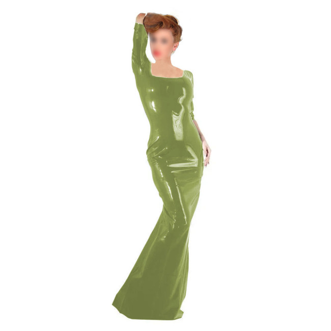 Women's Party Slim Long Dress Female Square Collar Shiny PVC Leather Bodycon Maxi Dress Wetlook Nightclub Half Sleeve Vestidos
