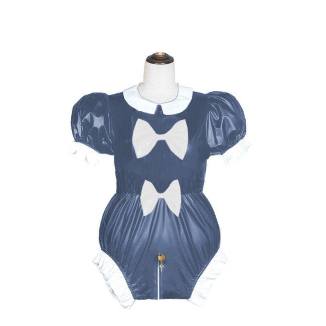 Adult Lockable Peter Pan Collar PVC Shiny Bodysuit Lolita Puff Short Sleeve Romper Wetlook Cosplay Zipper Open Crotch Playsuit