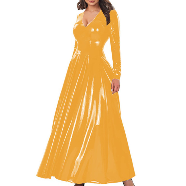 Elegant A-Line Cocktail Party Dress Women V-Neck Long Sleeve Shiny PVC Leather Maxi Dress Zipper Back Nightclub Gown Vestidos