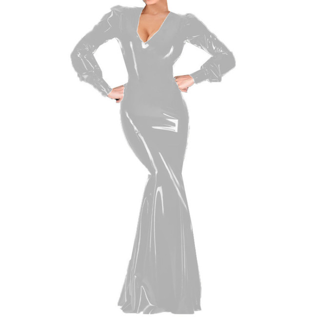 Sexy Women Cocktail Party V-neck Maxi Dress Vinyl PVC Leather Club Long Dress Female Long Sleeve Floor-length Robe Vestidos 7XL