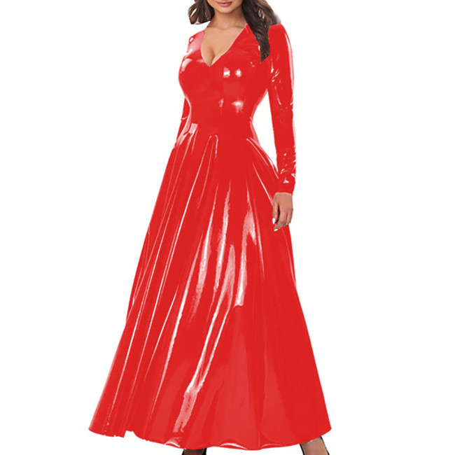 Elegant A-Line Cocktail Party Dress Women V-Neck Long Sleeve Shiny PVC Leather Maxi Dress Zipper Back Nightclub Gown Vestidos