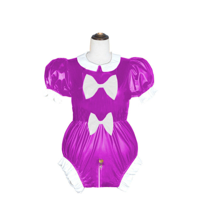 Adult Lockable Peter Pan Collar PVC Shiny Bodysuit Lolita Puff Short Sleeve Romper Wetlook Cosplay Zipper Open Crotch Playsuit