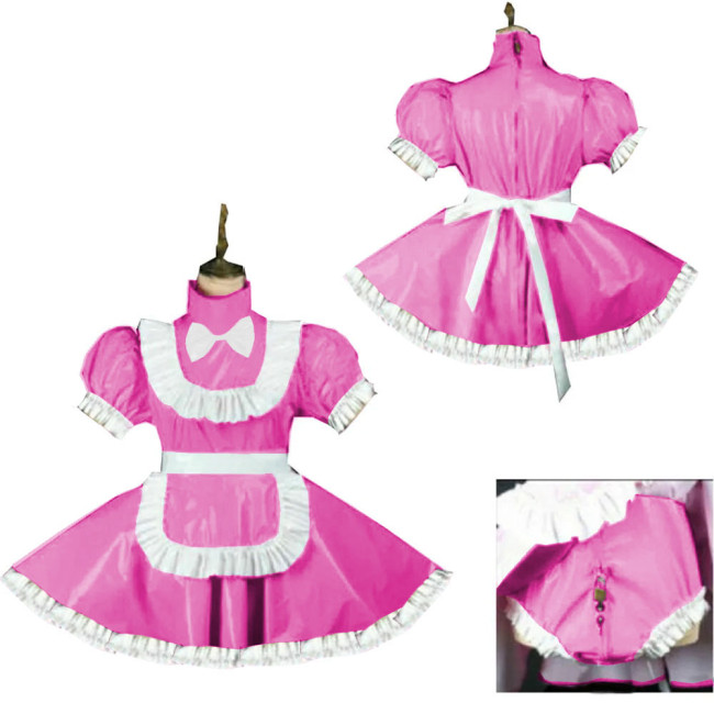 Sweet Short Puff Sleeve Maid Uniforms Wetlook Lockable Party Maid Dress Outfits Sissy Maid Cosplay Skirted Bodysuit with Apron