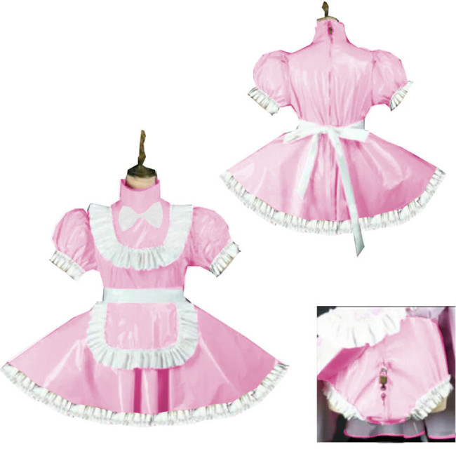 Sweet Short Puff Sleeve Maid Uniforms Wetlook Lockable Party Maid Dress Outfits Sissy Maid Cosplay Skirted Bodysuit with Apron