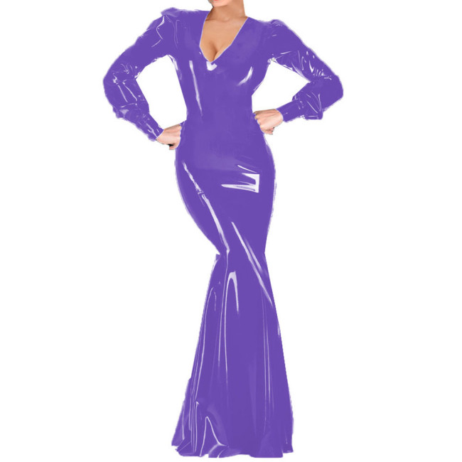 Sexy Women Cocktail Party V-neck Maxi Dress Vinyl PVC Leather Club Long Dress Female Long Sleeve Floor-length Robe Vestidos 7XL