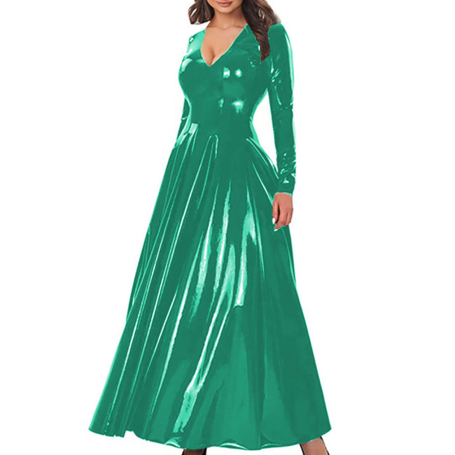 Elegant A-Line Cocktail Party Dress Women V-Neck Long Sleeve Shiny PVC Leather Maxi Dress Zipper Back Nightclub Gown Vestidos