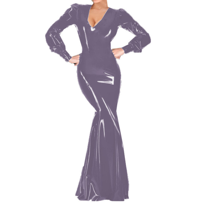 Sexy Women Cocktail Party V-neck Maxi Dress Vinyl PVC Leather Club Long Dress Female Long Sleeve Floor-length Robe Vestidos 7XL
