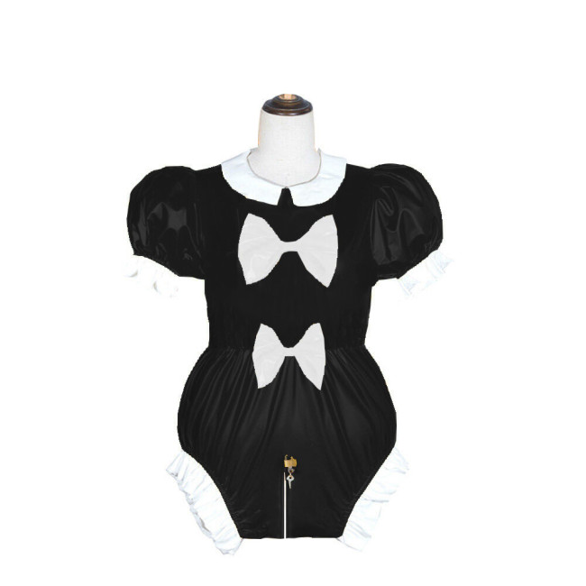 Adult Lockable Peter Pan Collar PVC Shiny Bodysuit Lolita Puff Short Sleeve Romper Wetlook Cosplay Zipper Open Crotch Playsuit