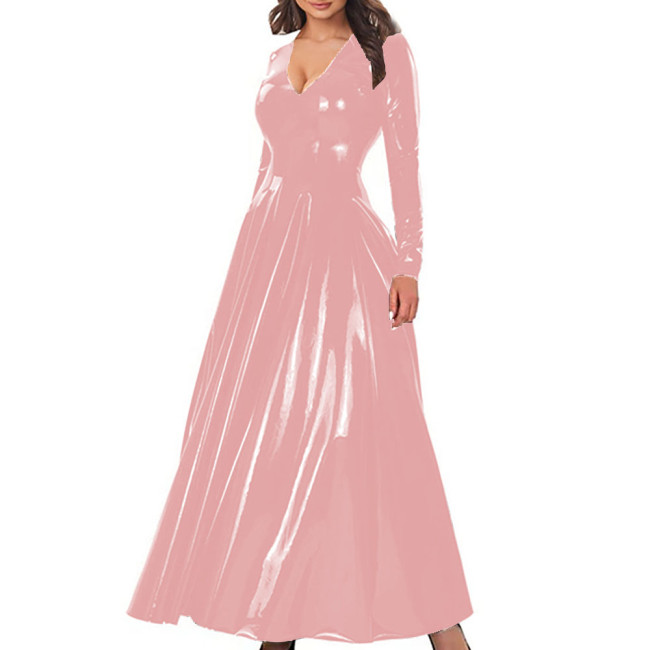 Elegant A-Line Cocktail Party Dress Women V-Neck Long Sleeve Shiny PVC Leather Maxi Dress Zipper Back Nightclub Gown Vestidos