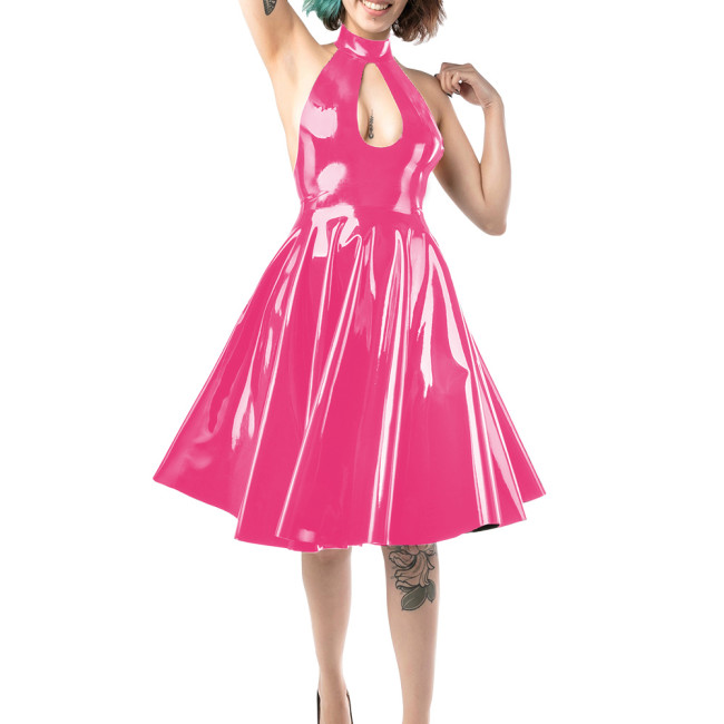 Sexy Backless Sleeveless Wetlook Dress Womens Halter Hollow Key Hole Vinyl PVC Leather A Line Skirt Lady Fomral Ball Party Gown