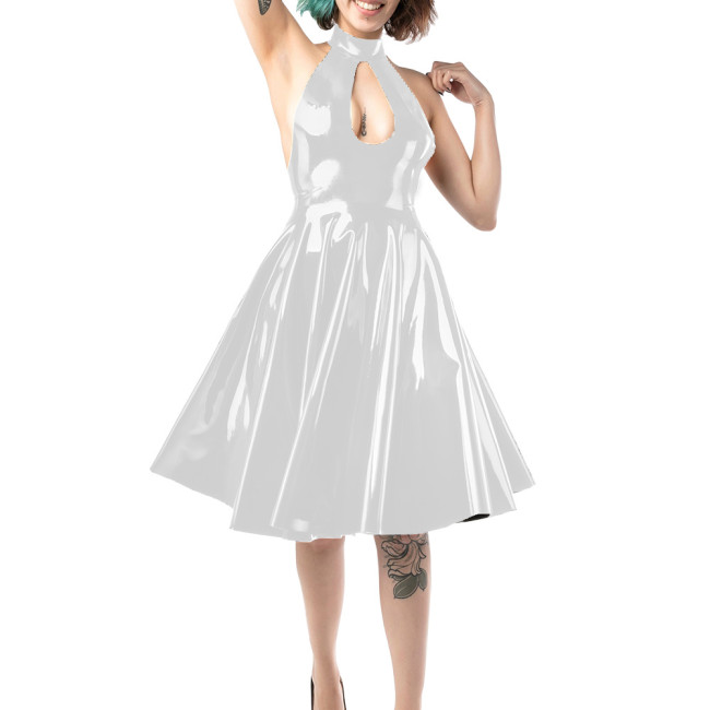 Sexy Backless Sleeveless Wetlook Dress Womens Halter Hollow Key Hole Vinyl PVC Leather A Line Skirt Lady Fomral Ball Party Gown