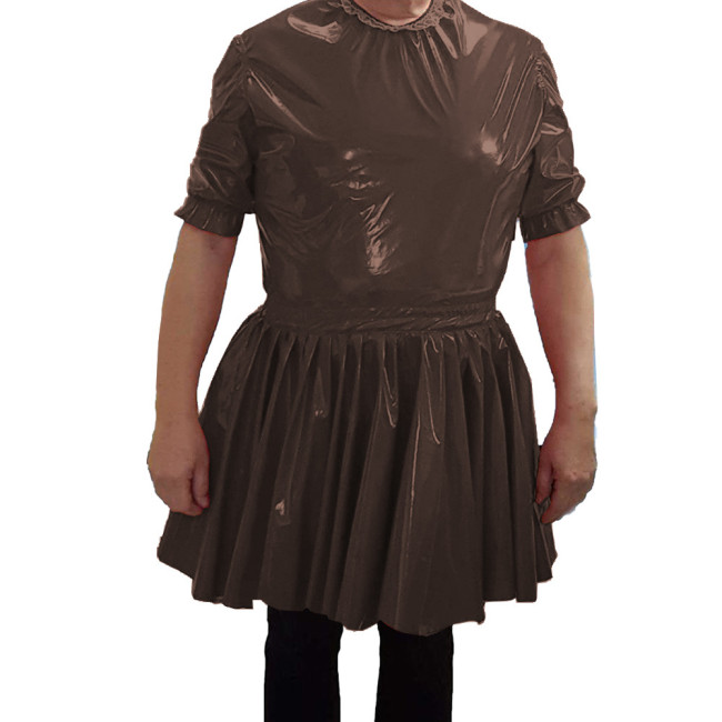 PVC Leather O-neck Short Dress Mens Nightclub Cosplay Maid Waiter Dress Sissy Sexy  A-line Mini Dress 7XL
