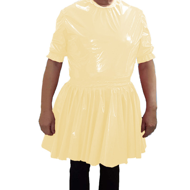 PVC Leather O-neck Short Dress Mens Nightclub Cosplay Maid Waiter Dress Sissy Sexy  A-line Mini Dress 7XL