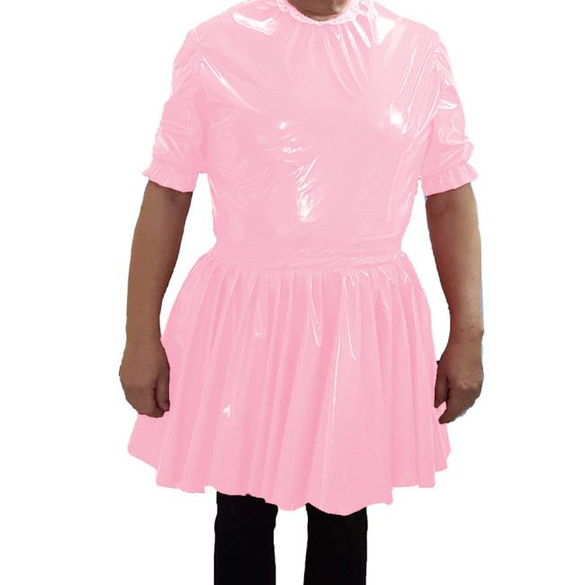 PVC Leather O-neck Short Dress Mens Nightclub Cosplay Maid Waiter Dress Sissy Sexy  A-line Mini Dress 7XL
