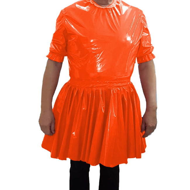 PVC Leather O-neck Short Dress Mens Nightclub Cosplay Maid Waiter Dress Sissy Sexy  A-line Mini Dress 7XL
