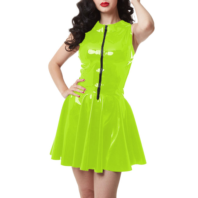 Woman Mini Party Dress Shiny PVC Peter Pan Collar Sleeveless Slim Waist A-line Short Dresses Fashion Party Front Zipper Vestidos