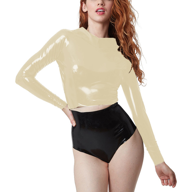 Fashion Long Sleeve Croped Tops Sexy Retro Shiny PVC Leather Doll Collar T-shirts High Street Zipper Back Wetlook Tops Punk Tee