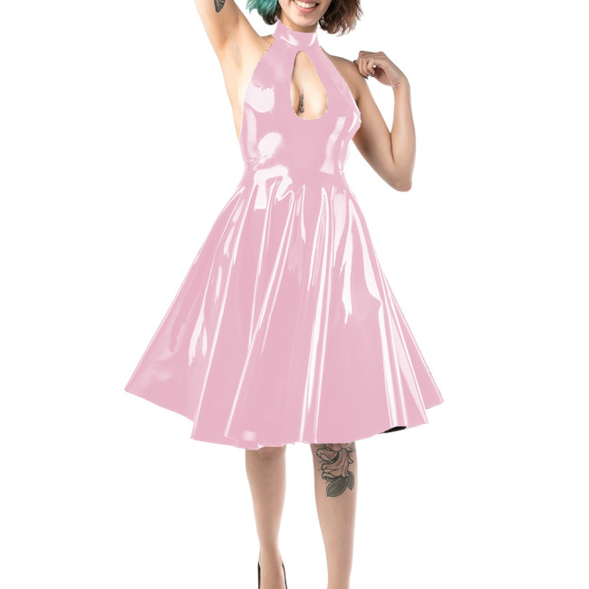 Sexy Backless Sleeveless Wetlook Dress Womens Halter Hollow Key Hole Vinyl PVC Leather A Line Skirt Lady Fomral Ball Party Gown