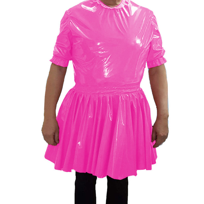 PVC Leather O-neck Short Dress Mens Nightclub Cosplay Maid Waiter Dress Sissy Sexy  A-line Mini Dress 7XL