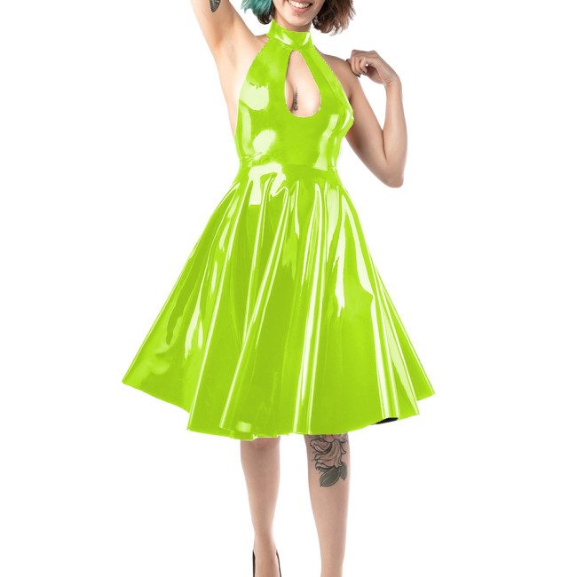 Sexy Backless Sleeveless Wetlook Dress Womens Halter Hollow Key Hole Vinyl PVC Leather A Line Skirt Lady Fomral Ball Party Gown