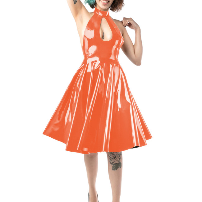 Sexy Backless Sleeveless Wetlook Dress Womens Halter Hollow Key Hole Vinyl PVC Leather A Line Skirt Lady Fomral Ball Party Gown