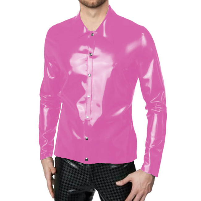 Mens Sexy Shiny Leather Shirt Glossy PVC Long Sleeve Male Blouse Wetlook Button-up Tops Nightclub Party Stage Performance Wear