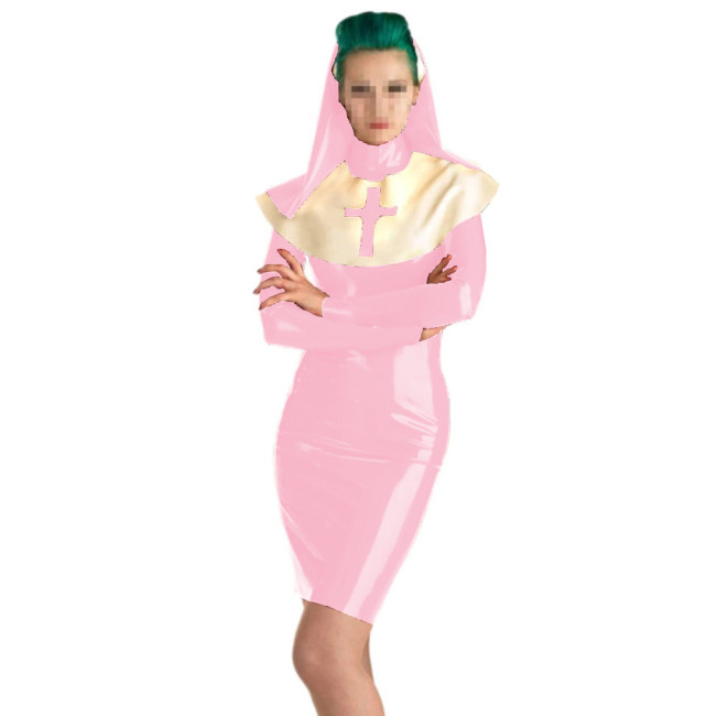 Sexy Latex Nun Outfit  with Headgear Long Sleeve Sister Uniform Halloween Cosplay Costumes Fancy Clothing 7XL Nun Dress