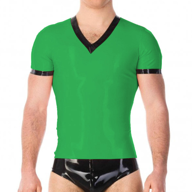 Summer Men's PVC Leather T-shirt Wetlook Short Sleeve Stretch Undershirt Nightclub V-neck Male Tops Clubwear Male Tight T-Shirt