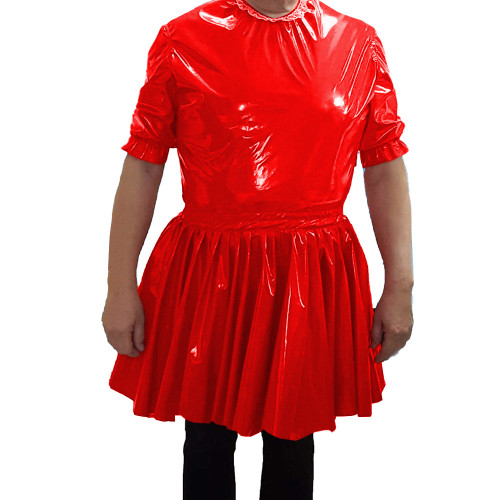 PVC Leather O-neck Short Dress Mens Nightclub Cosplay Maid Waiter Dress Sissy Sexy  A-line Mini Dress 7XL