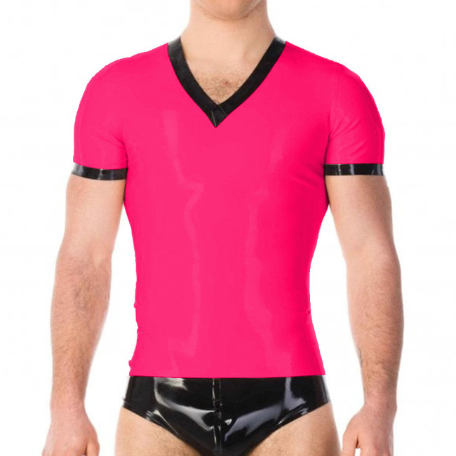Summer Men's PVC Leather T-shirt Wetlook Short Sleeve Stretch Undershirt Nightclub V-neck Male Tops Clubwear Male Tight T-Shirt