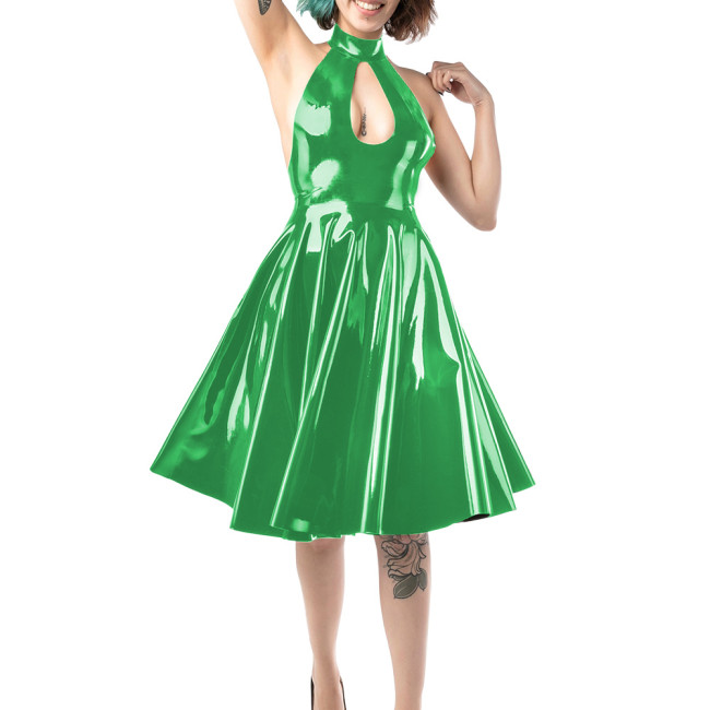 Sexy Backless Sleeveless Wetlook Dress Womens Halter Hollow Key Hole Vinyl PVC Leather A Line Skirt Lady Fomral Ball Party Gown