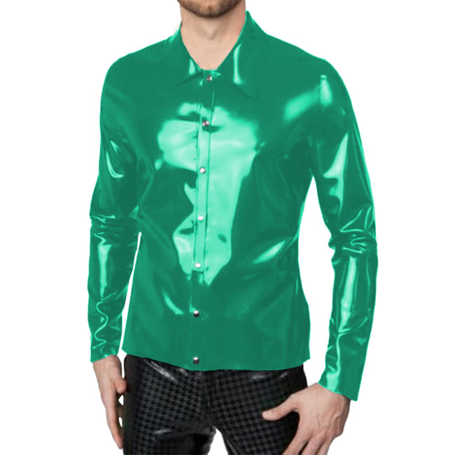 Mens Sexy Shiny Leather Shirt Glossy PVC Long Sleeve Male Blouse Wetlook Button-up Tops Nightclub Party Stage Performance Wear