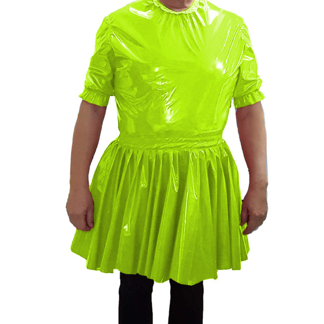 PVC Leather O-neck Short Dress Mens Nightclub Cosplay Maid Waiter Dress Sissy Sexy  A-line Mini Dress 7XL