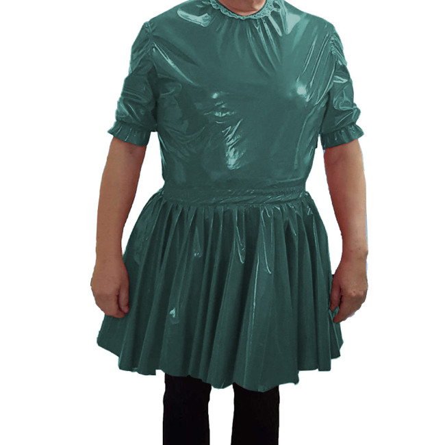 PVC Leather O-neck Short Dress Mens Nightclub Cosplay Maid Waiter Dress Sissy Sexy  A-line Mini Dress 7XL