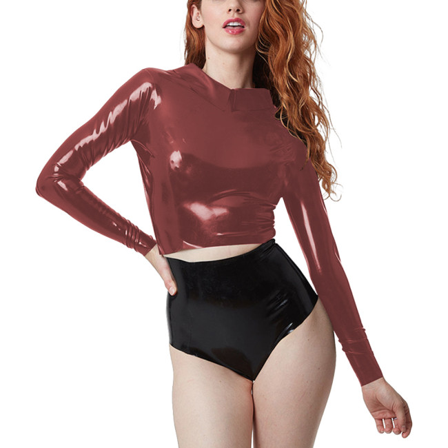 Fashion Long Sleeve Croped Tops Sexy Retro Shiny PVC Leather Doll Collar T-shirts High Street Zipper Back Wetlook Tops Punk Tee