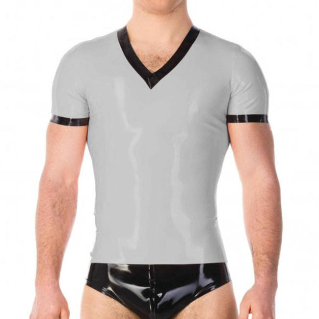 Summer Men's PVC Leather T-shirt Wetlook Short Sleeve Stretch Undershirt Nightclub V-neck Male Tops Clubwear Male Tight T-Shirt