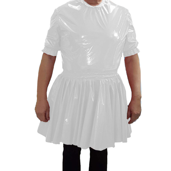 PVC Leather O-neck Short Dress Mens Nightclub Cosplay Maid Waiter Dress Sissy Sexy  A-line Mini Dress 7XL