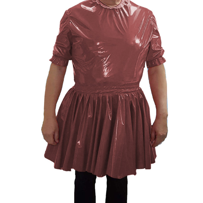 PVC Leather O-neck Short Dress Mens Nightclub Cosplay Maid Waiter Dress Sissy Sexy  A-line Mini Dress 7XL