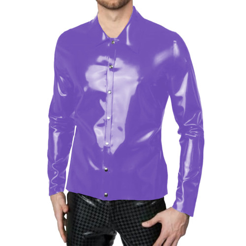 Mens Sexy Shiny Leather Shirt Glossy PVC Long Sleeve Male Blouse Wetlook Button-up Tops Nightclub Party Stage Performance Wear