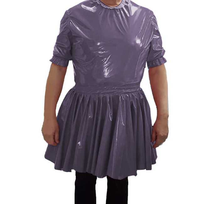 PVC Leather O-neck Short Dress Mens Nightclub Cosplay Maid Waiter Dress Sissy Sexy  A-line Mini Dress 7XL