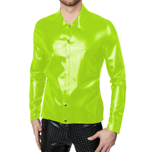 Mens Sexy Shiny Leather Shirt Glossy PVC Long Sleeve Male Blouse Wetlook Button-up Tops Nightclub Party Stage Performance Wear