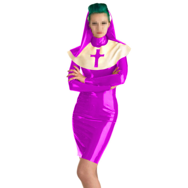 Sexy Latex Nun Outfit  with Headgear Long Sleeve Sister Uniform Halloween Cosplay Costumes Fancy Clothing 7XL Nun Dress