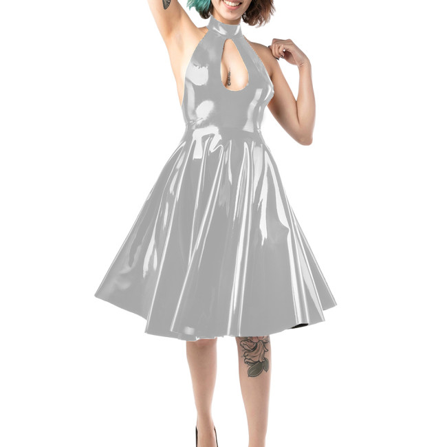 Sexy Backless Sleeveless Wetlook Dress Womens Halter Hollow Key Hole Vinyl PVC Leather A Line Skirt Lady Fomral Ball Party Gown