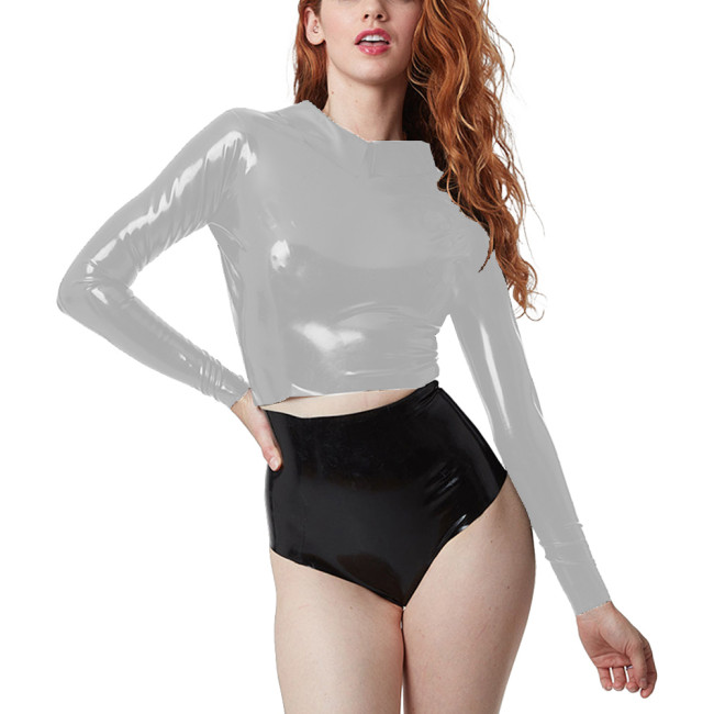 Fashion Long Sleeve Croped Tops Sexy Retro Shiny PVC Leather Doll Collar T-shirts High Street Zipper Back Wetlook Tops Punk Tee