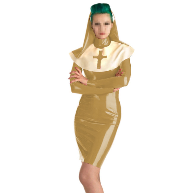 Sexy Latex Nun Outfit  with Headgear Long Sleeve Sister Uniform Halloween Cosplay Costumes Fancy Clothing 7XL Nun Dress