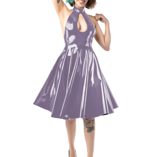 Sexy Backless Sleeveless Wetlook Dress Womens Halter Hollow Key Hole Vinyl PVC Leather A Line Skirt Lady Fomral Ball Party Gown